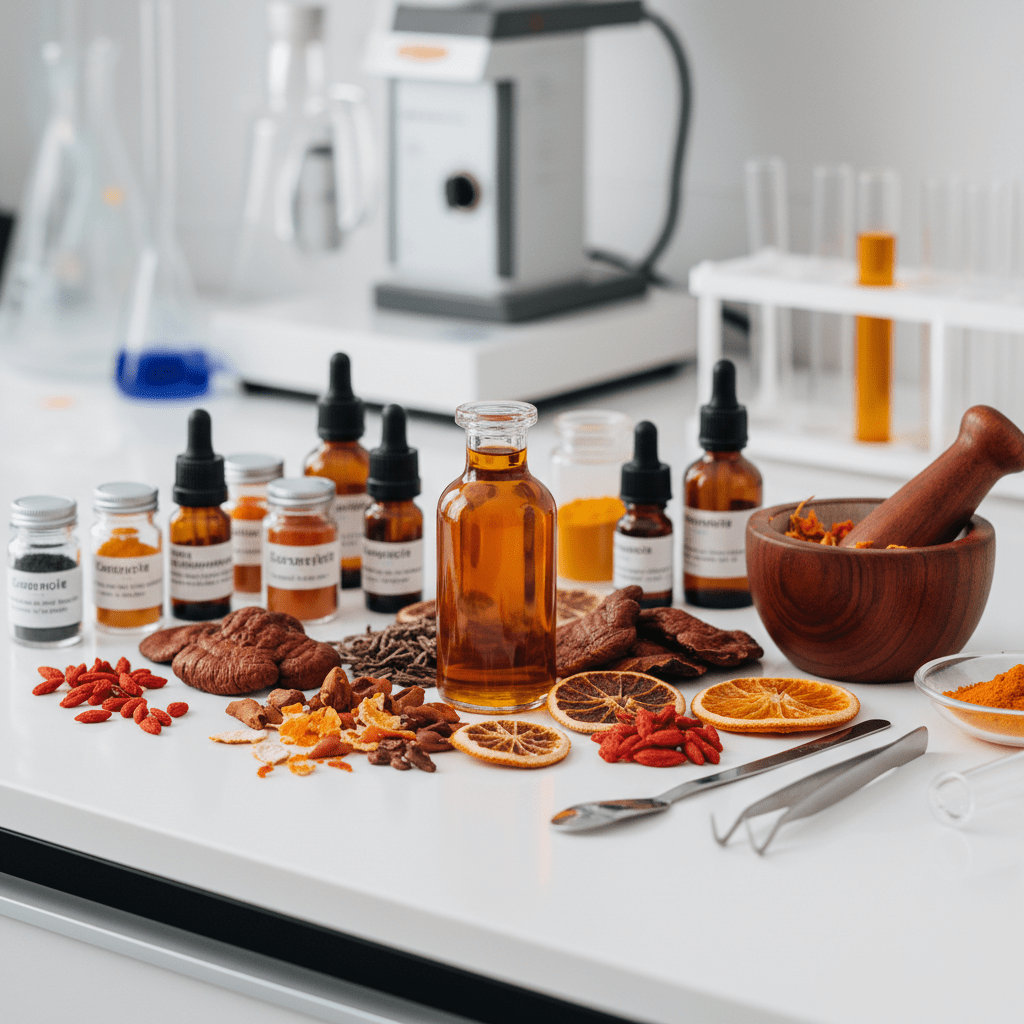 Sea buckthorn oil beside herbs and wellness ingredients on a clean lab bench