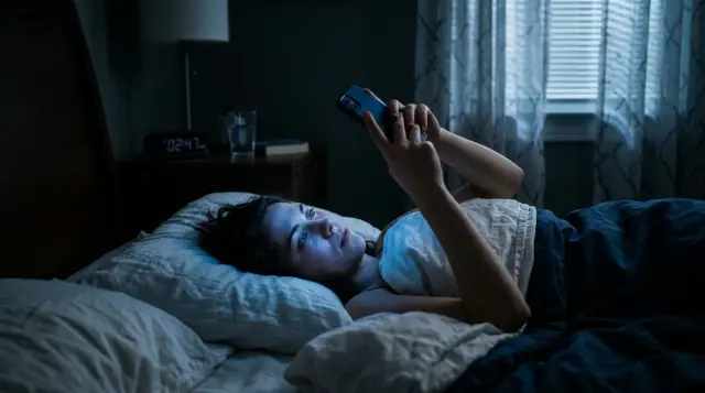 Person lying awake in dark bedroom illuminated by smartphone blue light, restless mood