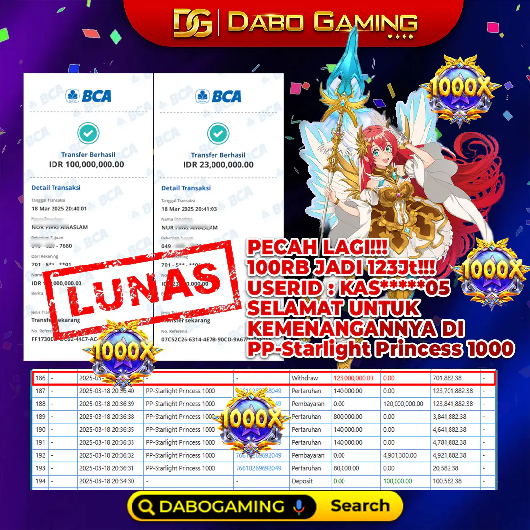 Modal 100rb tembus 123 JUTA di PP - Starlight Princess 1000 🎰 Selamat untuk User ID: KAS***05, withdraw Rp 123.000.000 sudah LUNAS! 💸 Main sekarang di Dabo Gaming dan raih keberuntunganmu! 🔥