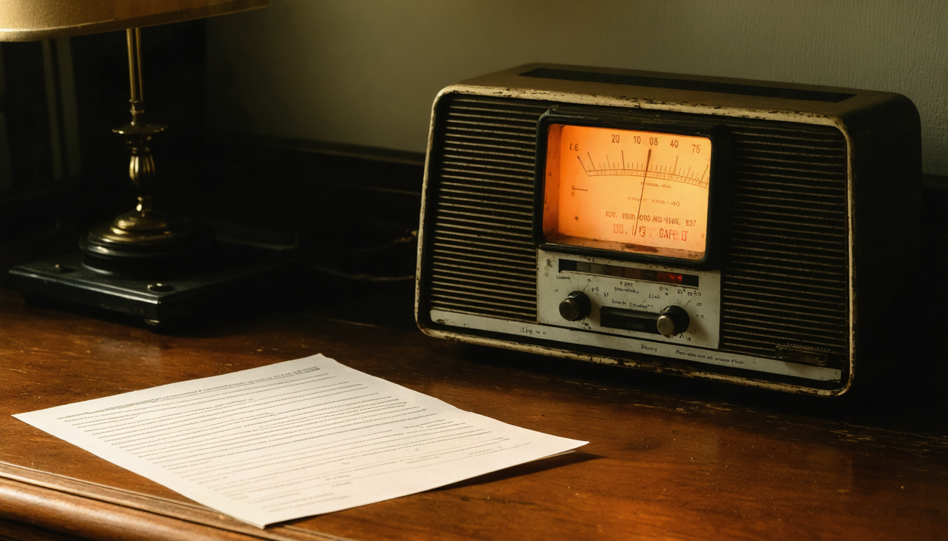 A vintage paper questionnaire on a wooden desk beside a switched-on radio dial glowing faintly in dim light.