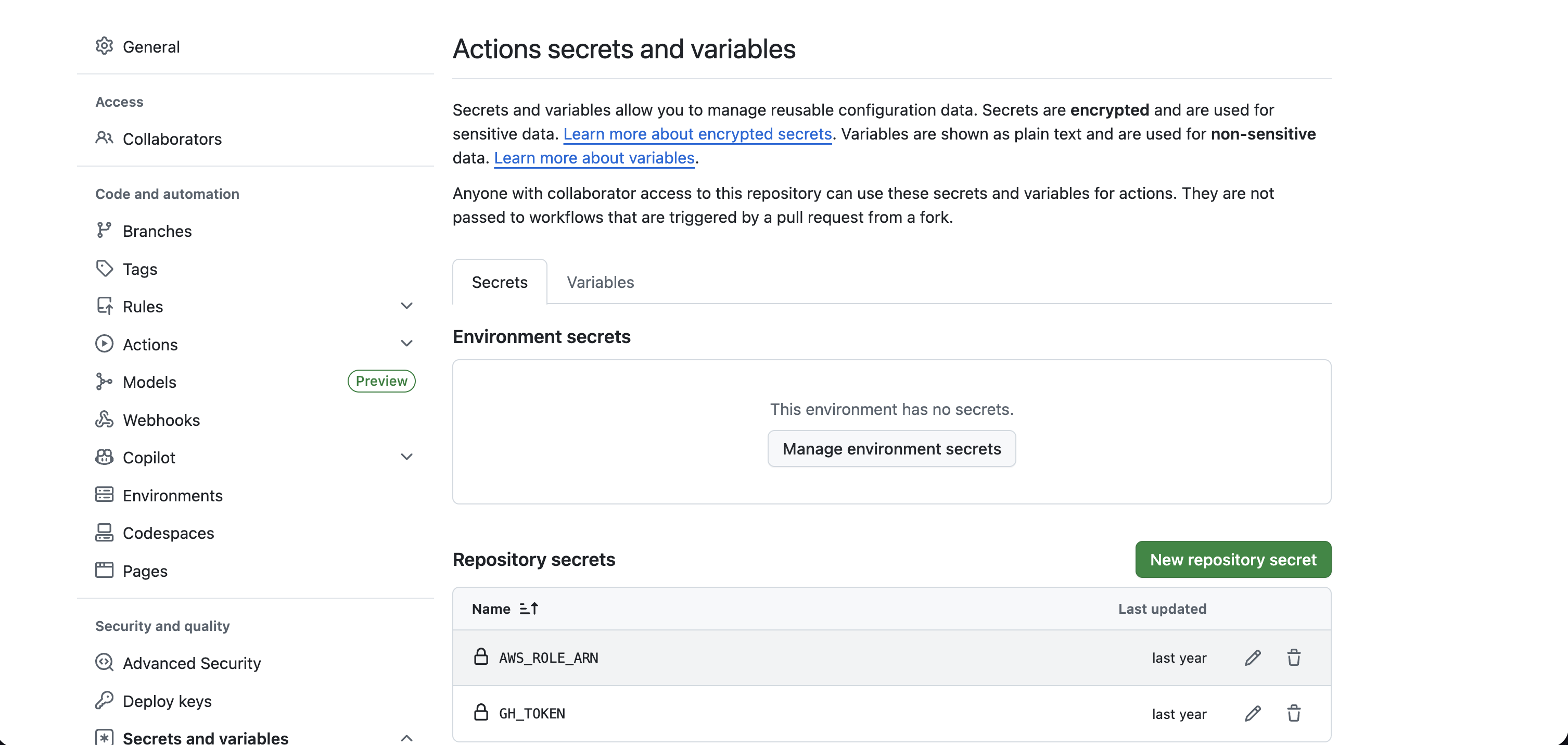 GitHub Actions repository secrets settings