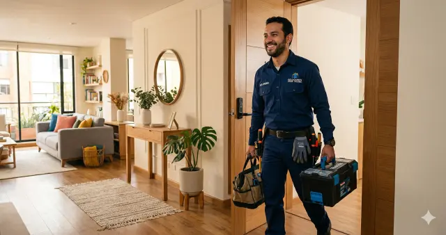 Profesional verificado realizando una reparación en un hogar colombiano