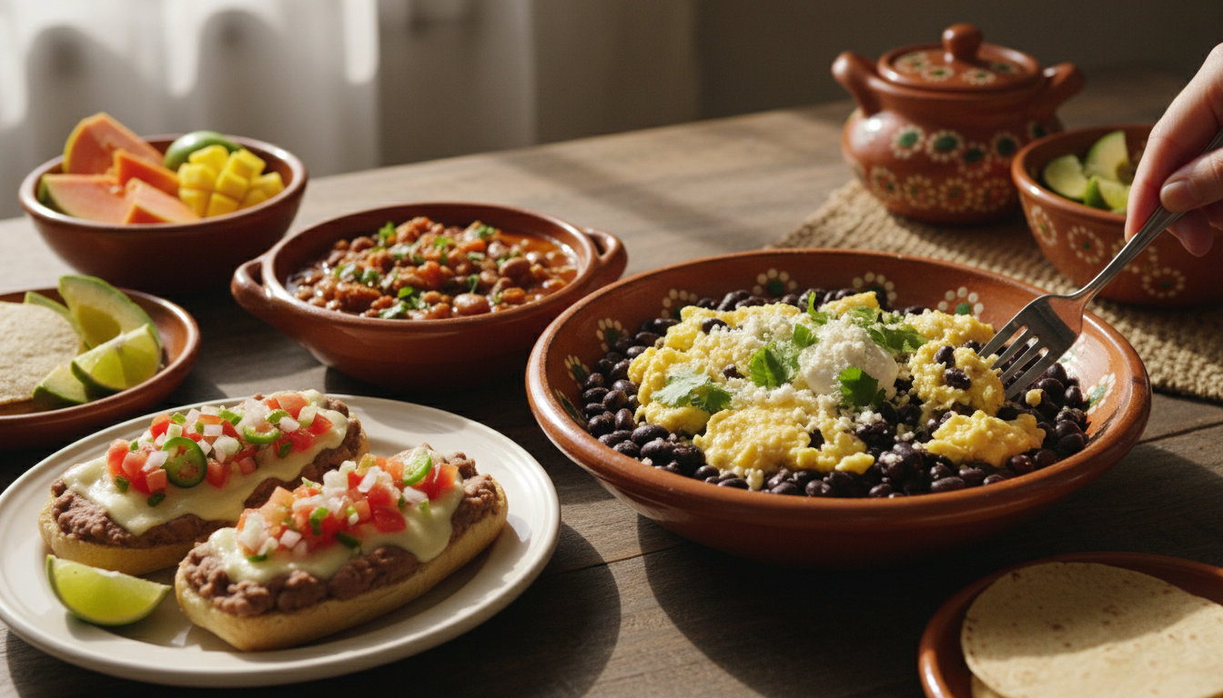 35 Best Mexican Breakfast Ideas Vegetarian Mexican breakfast with black bean enfrijoladas, queso fresco, crema, and salsa