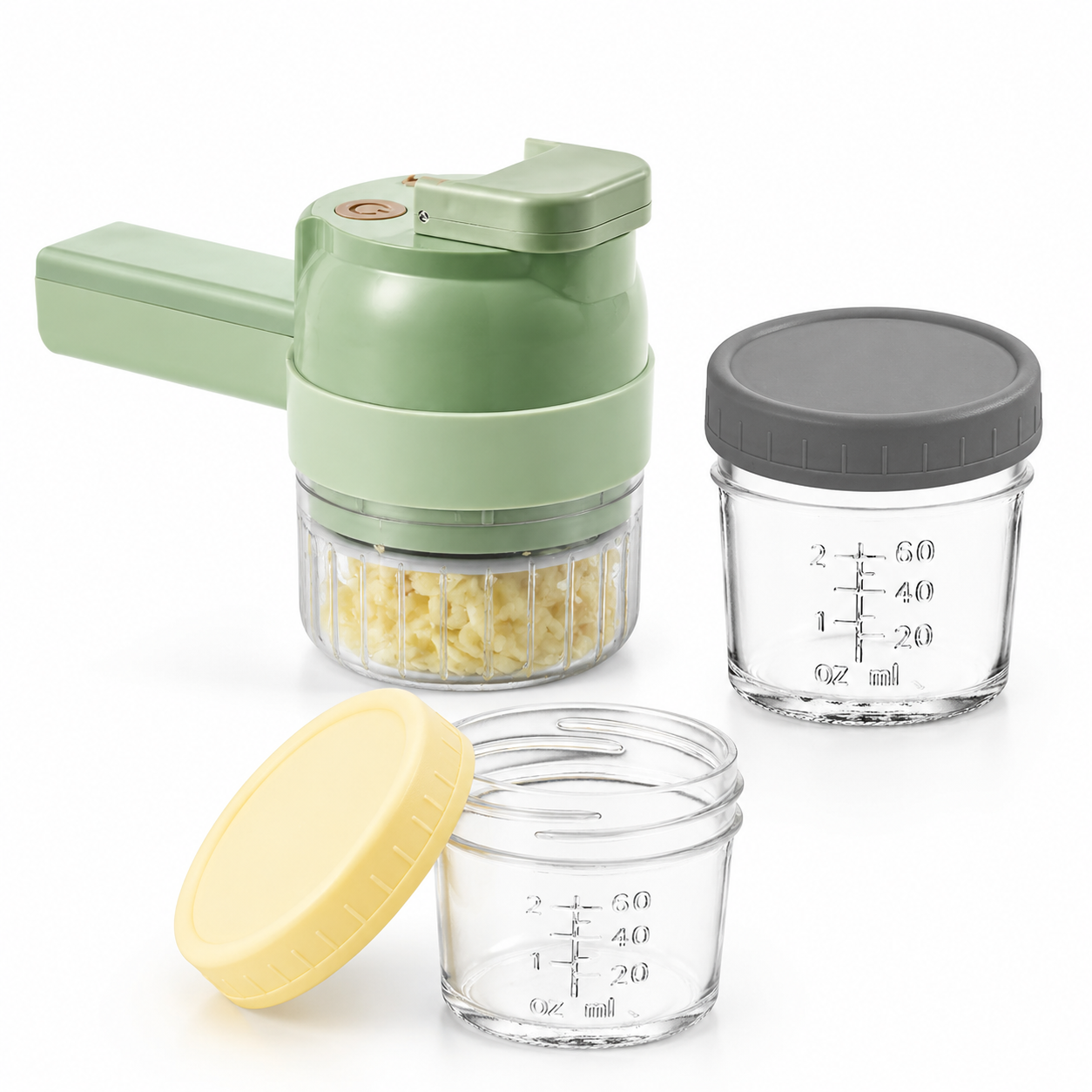 Seasoning Preparation and Storage Set-Green Electric Handheld Food Processor With Grey lid and Beige lid 4oz Glass Storage Jars - USB-C Charging - Multi-Function Chopper, Slicer and Cleaning Brush Set for Garlic Vegetables