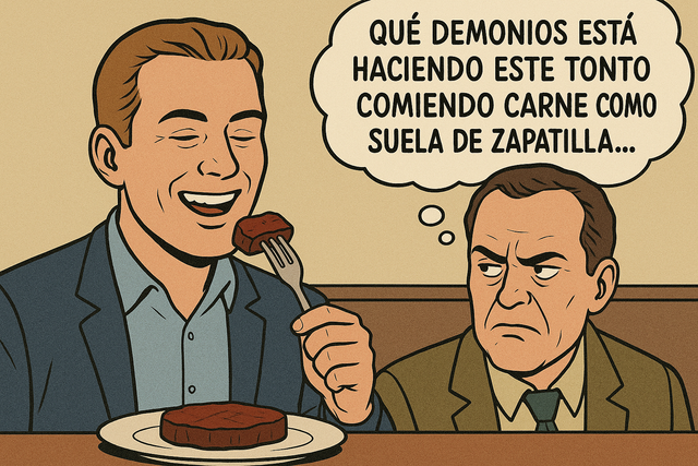 Chuletón a la parrilla con punto poco hecho, cuchillo y tenedor sobre mesa de madera rústica