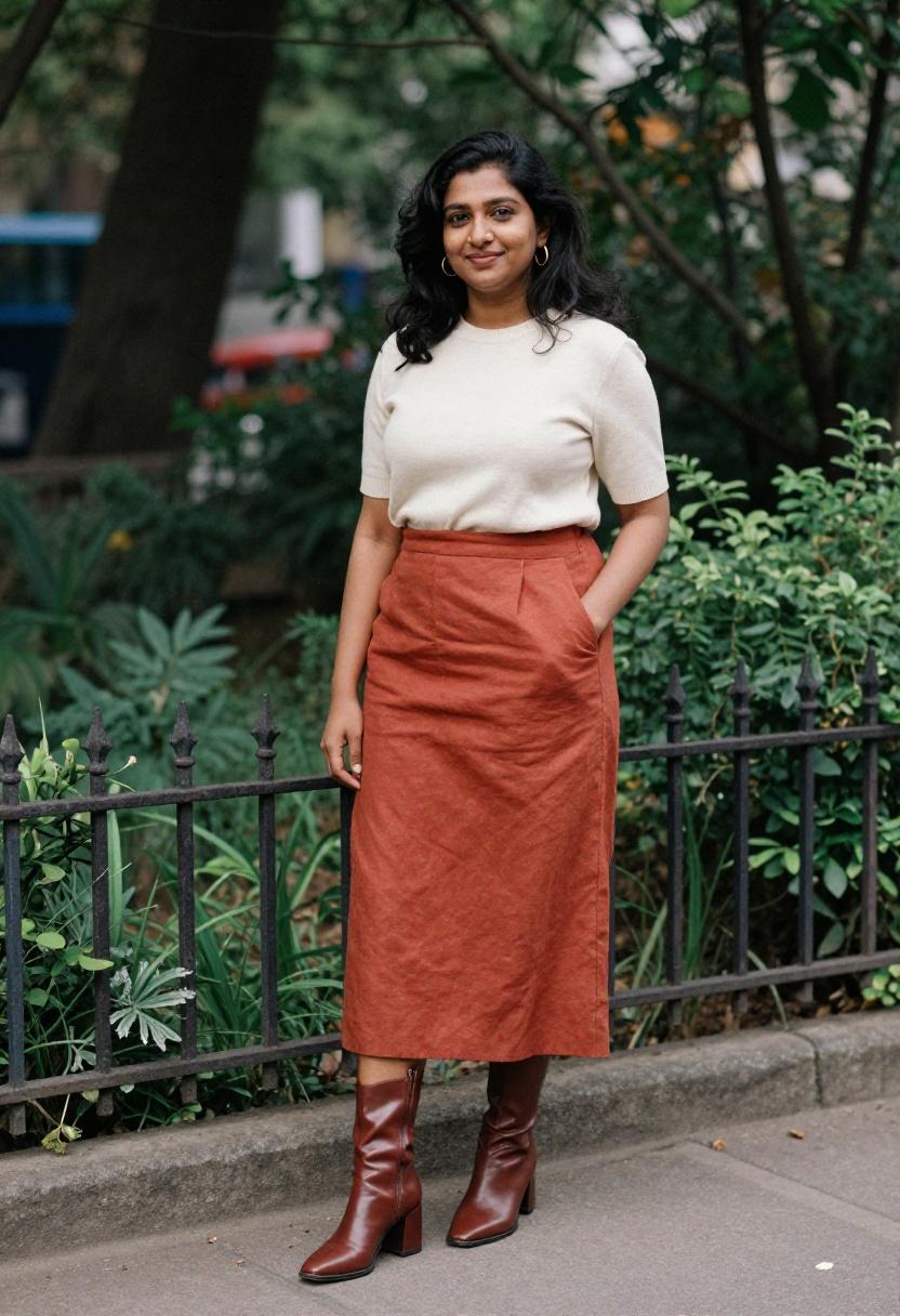 Terracotta midi skirt with cognac square toe boots for a warm relaxed garden pathway spring look