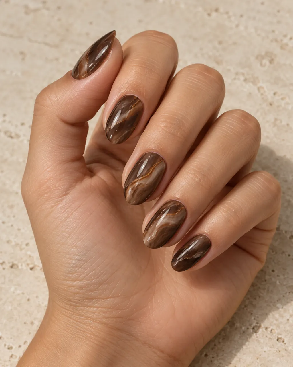 Chocolate Brown Soft Marble Vein manicure inspiration for chocolate brown nail ideas