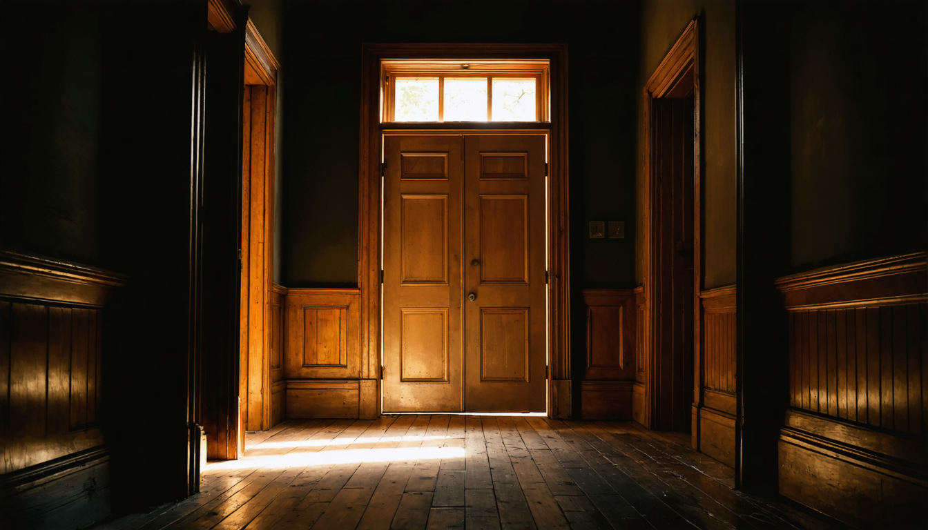 A closed wooden door in a dimly lit hallway, light visible beneath the door from the room beyond.