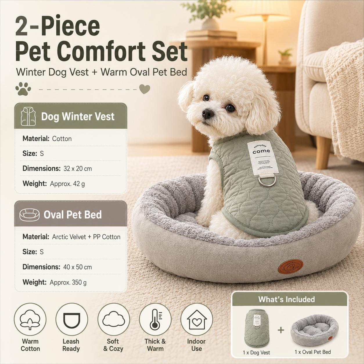 Winter Pet Care Bundle - S Size 32*20cm Green Quilted Dog Vest with Leash Ring and S Size 40*50cm Grey Oval Arctic Fleece Bed - Warm Cotton Outerwear, Plush Sleep Nest for Small Dogs and Cats
