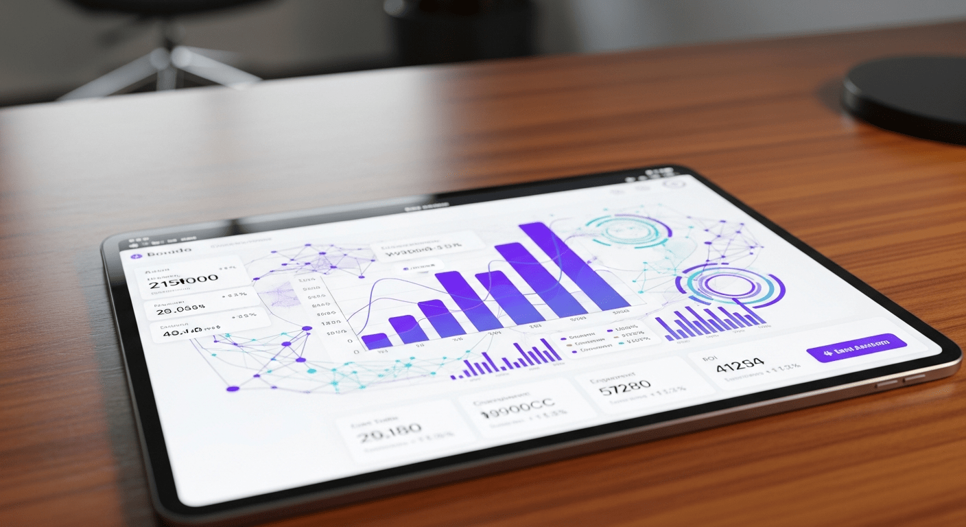 A photorealistic close-up of a tablet on a wooden desk showing a digital marketing performance dashboard with rising graphs in brand purple #9900CC, representing client analytics.