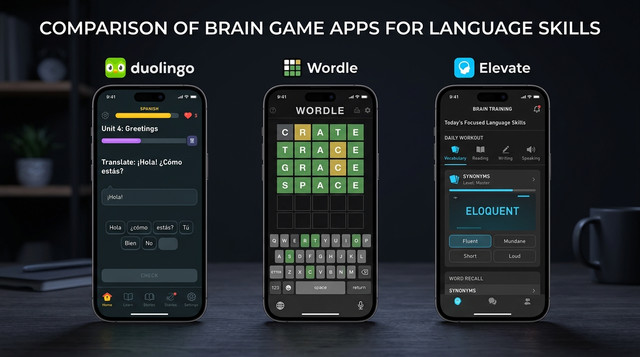مقارنة تطبيقات ألعاب ذهنية لتنمية المهارات اللغوية — شاشات Duolingo وWordle وElevate
