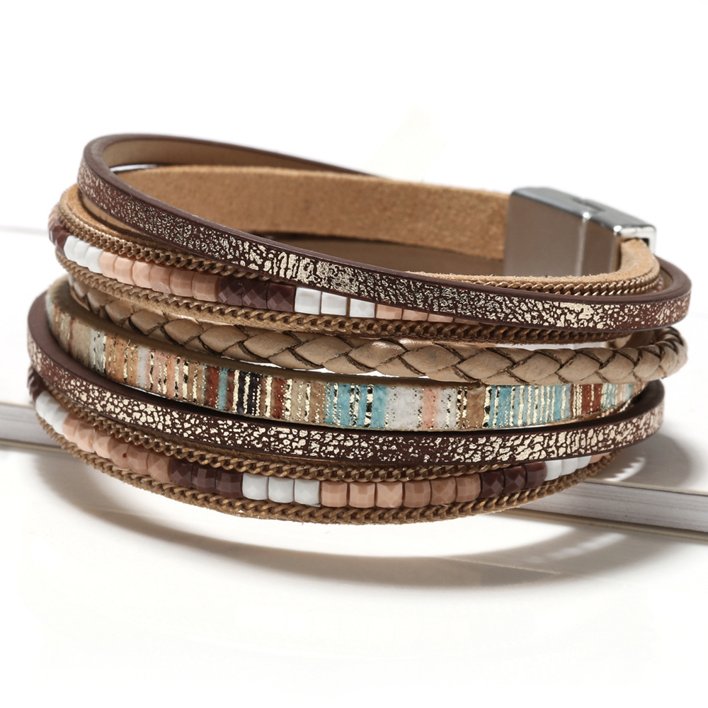 Khaki Bohemian Multi-Layer Leather Bracelet for Women - PU Faux Leather with Alloy Magnetic Clasp - Handwoven Cuff Bangle, Lightweight Fashion Jewelry Accessory