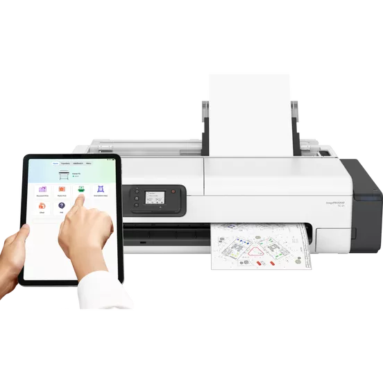 Canon imagePROGRAF TC-21 printer displayed with printed output, emphasizing its efficiency and suitability for high-quality document production