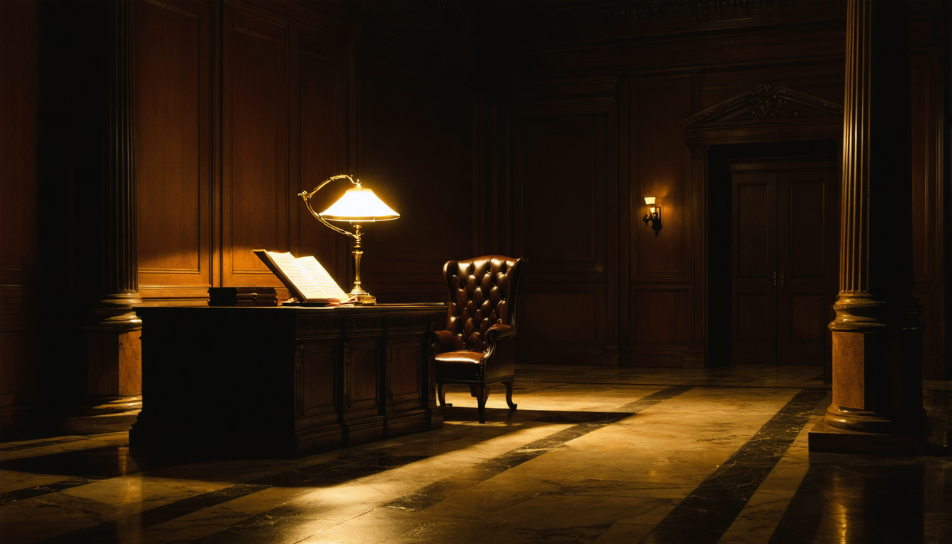 A dim office at night with a lawyer's desk, an open constitution-like document, and a single lamp casting long shadows over an empty chair.