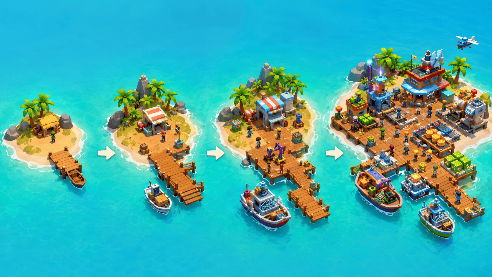 Ocean Tycoon island progression from a small dock to a full harbor