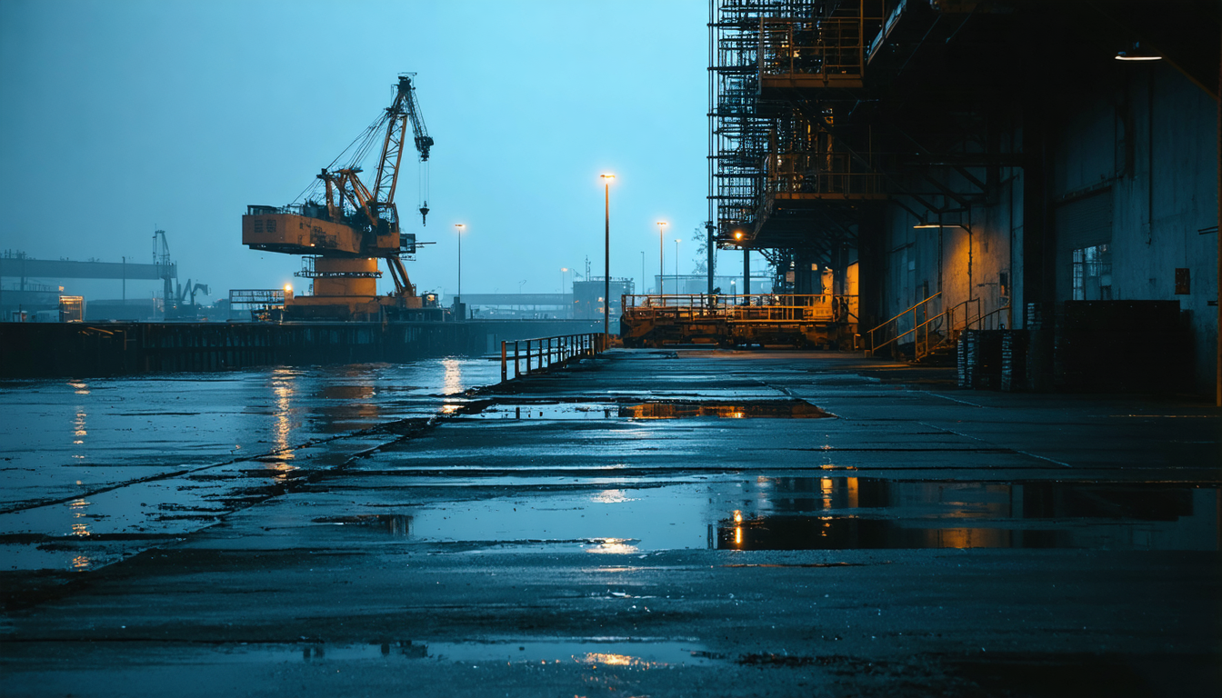 A dimly lit dockside at night with steel scaffolding and a stationary crane, water reflecting sparse light.