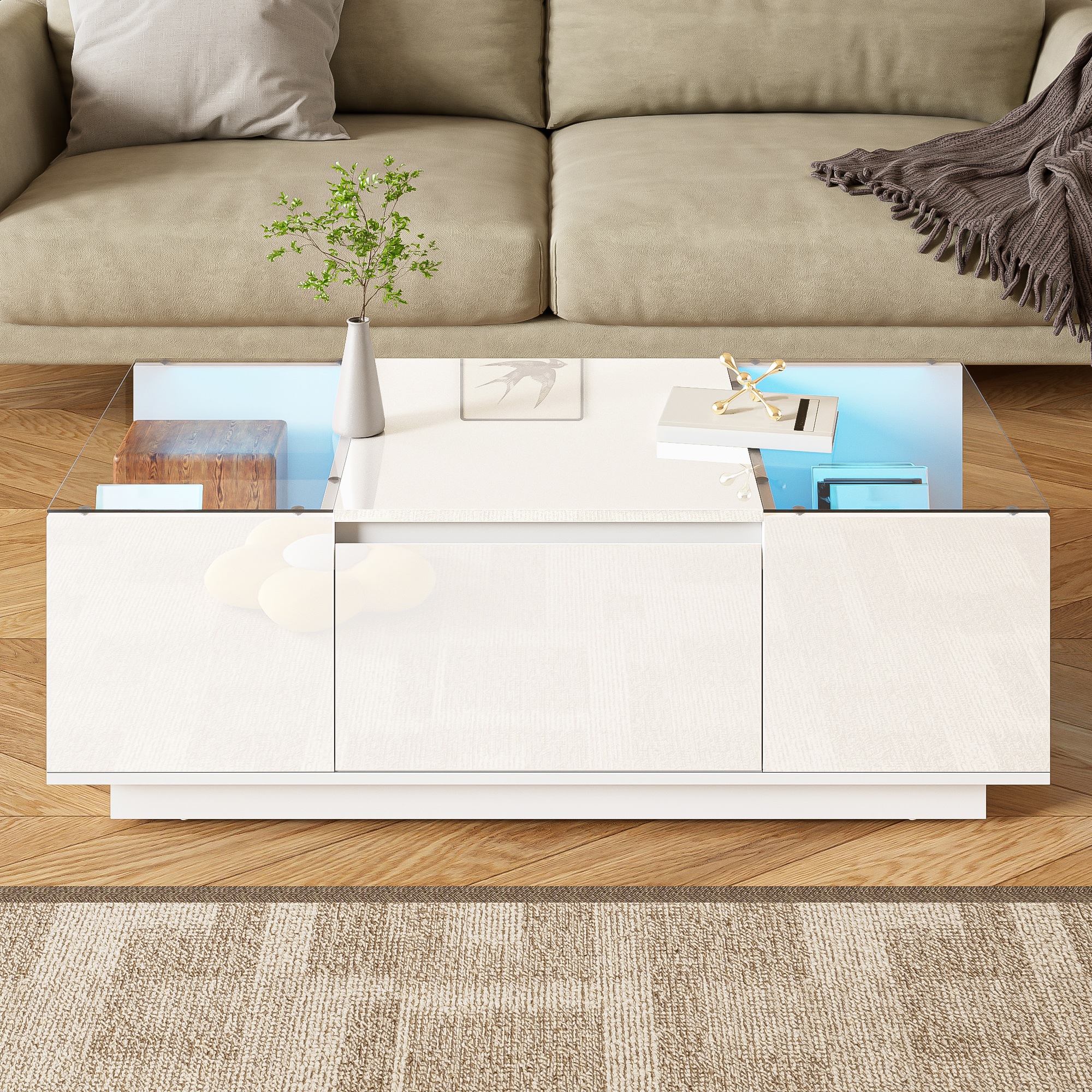 Table Basse Blanc, 2 Tiroirs, Rangement, Éclairage LED, Gestion des Câbles, Portes Vitrées, Design Moderne - 105x50x35cm - Salon 5