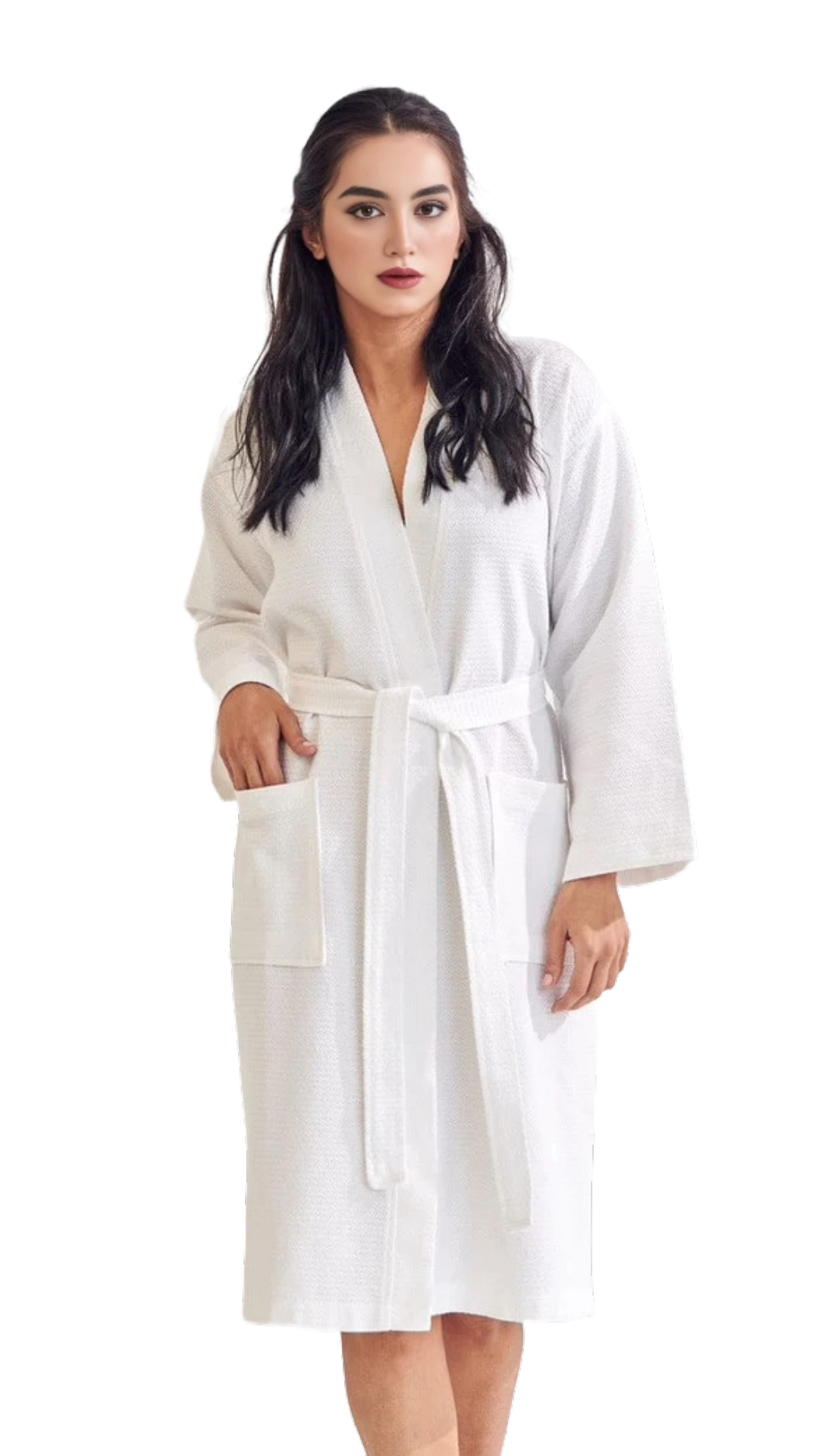 100% Turkish Cotton Women's Waffle Kimono Bathrobe-White (One Size) view 2