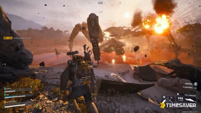 ARC Raiders Raider fighting a large ARC machine with a Hullcracker equipped, shooting weak points during a boss fight