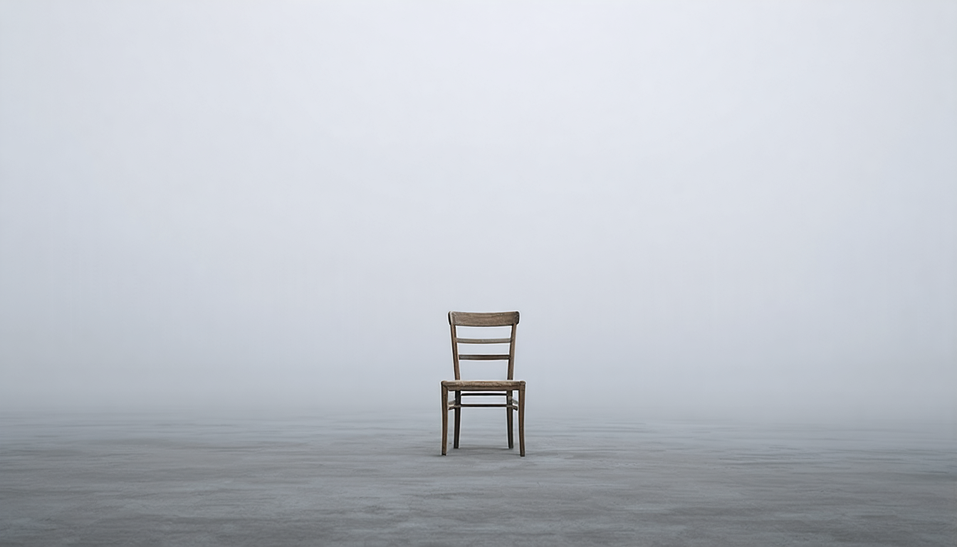 A lone wooden chair standing in a fog-filled grey room where walls and floor blur into the mist, the space impossible to measure or place.