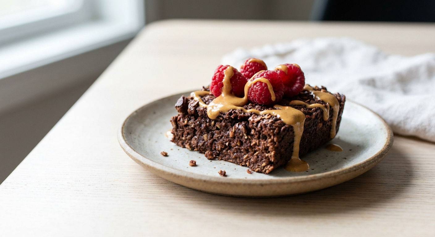 Apetyczny kawalek pieczonej owsianki brownie.