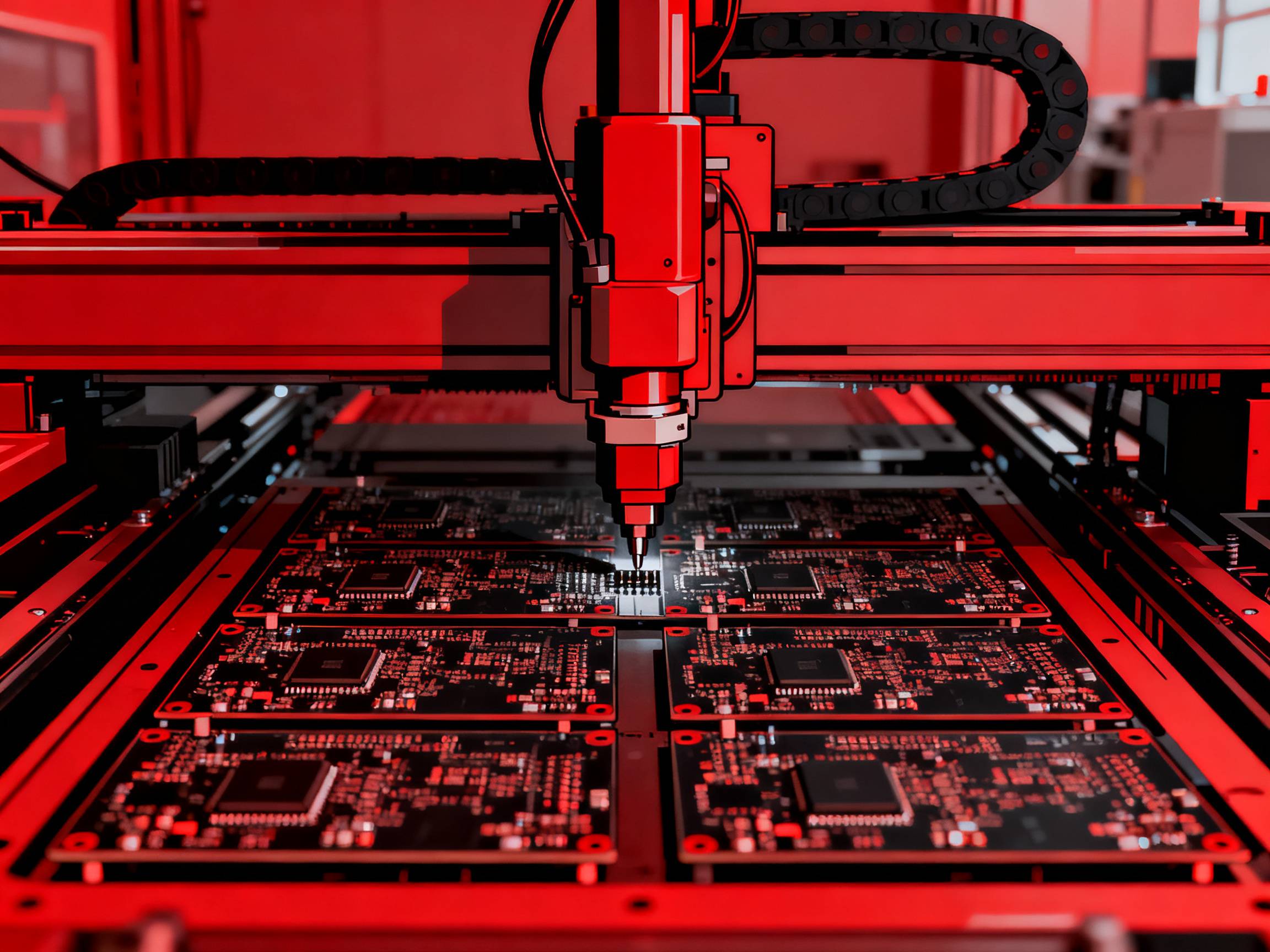 SMT assembly line with robotic arms placing components.