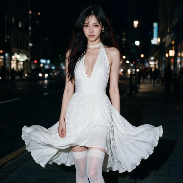 A woman with hair worn loose over her shoulders wearing a white halter neck cocktail dress with a plunging neckline, fitted bodice, over the knee white pleated dress, no panties, opaque white thigh high stockings, standing on a dark nighttime big city sidewalk, looking melancholic, full body image, dress flowing up in the wind, revealing her naked crotch