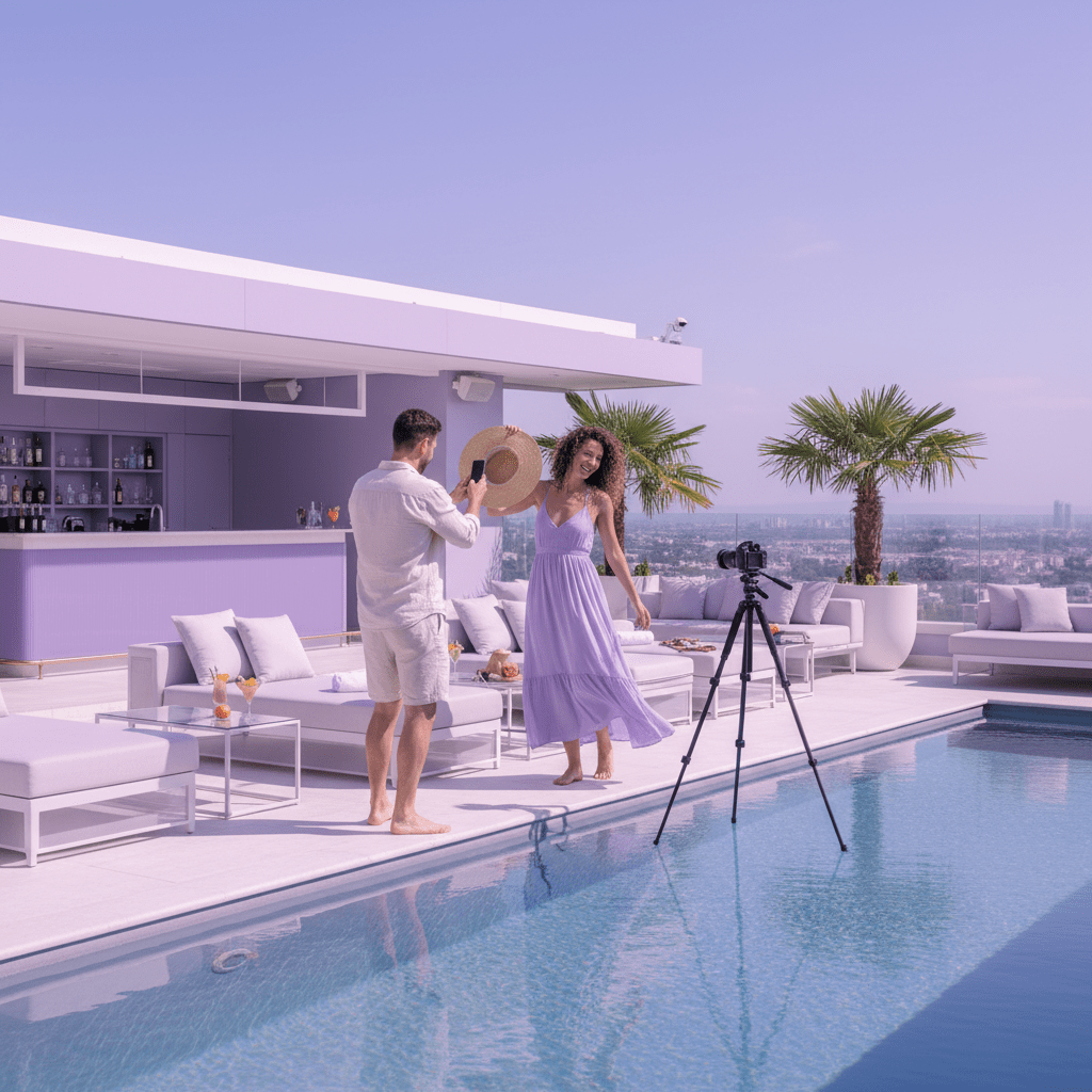 Guest influencer taking lifestyle photos by a hotel pool and rooftop lounge