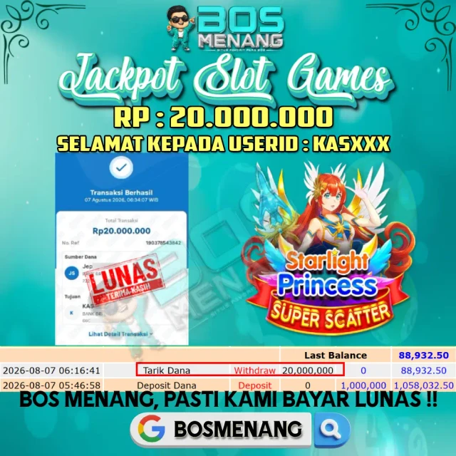 Tanggal 07 AGUSTUS 2026 - JACKPOT SLOT GAMES - Starlight Princess Super Scatter (Pragmatic Play)  Rp 20.000.000,-