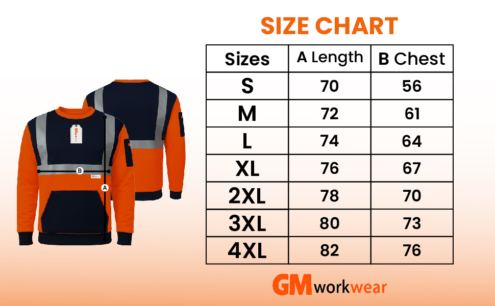 Hi Vis Pro Safety Sweatshirt Size Chart S M L XL 2XL 3XL Measurements