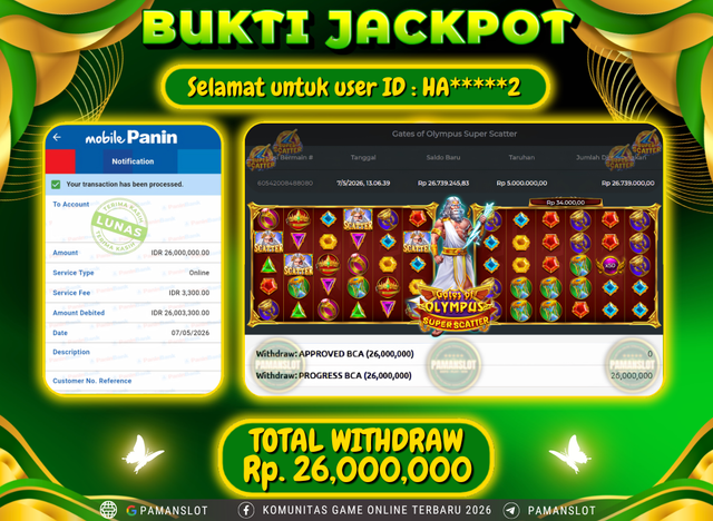 Selamat kepada Member PAMANSLOT Games Gates Of Olympus Super Scatter : HA*****2