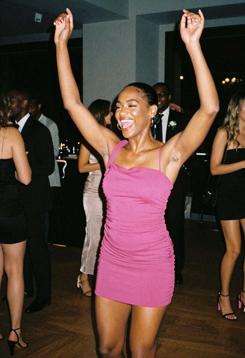 Vibrant magenta ruched dress radiating confidence and joy at a speed dating event