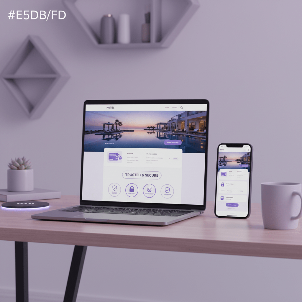 Hotel website booking page on laptop and phone with secure payment and trust signals