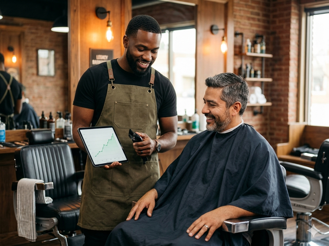 Barber showing financial chart to client
