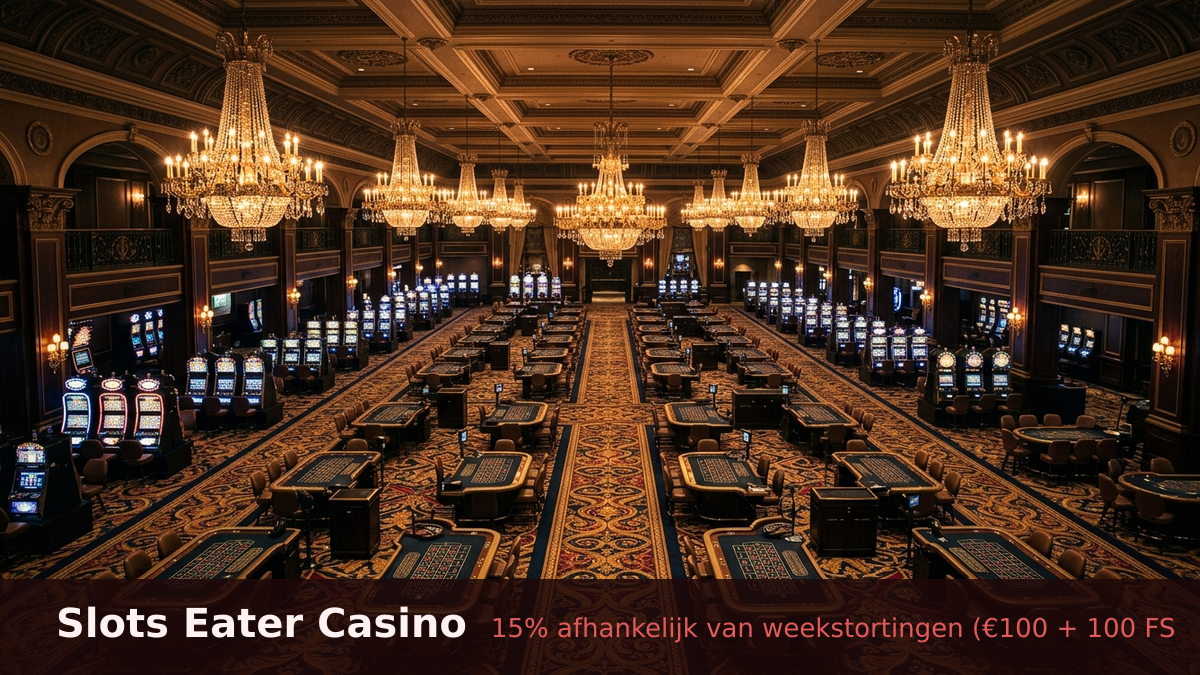 Slots Eater Casino — welkomstbonus 15% afhankelijk van weekstortingen (€100 + 100 FS, betalingen: Visa, Mastercard, iDEAL, Bancontact, Revolut