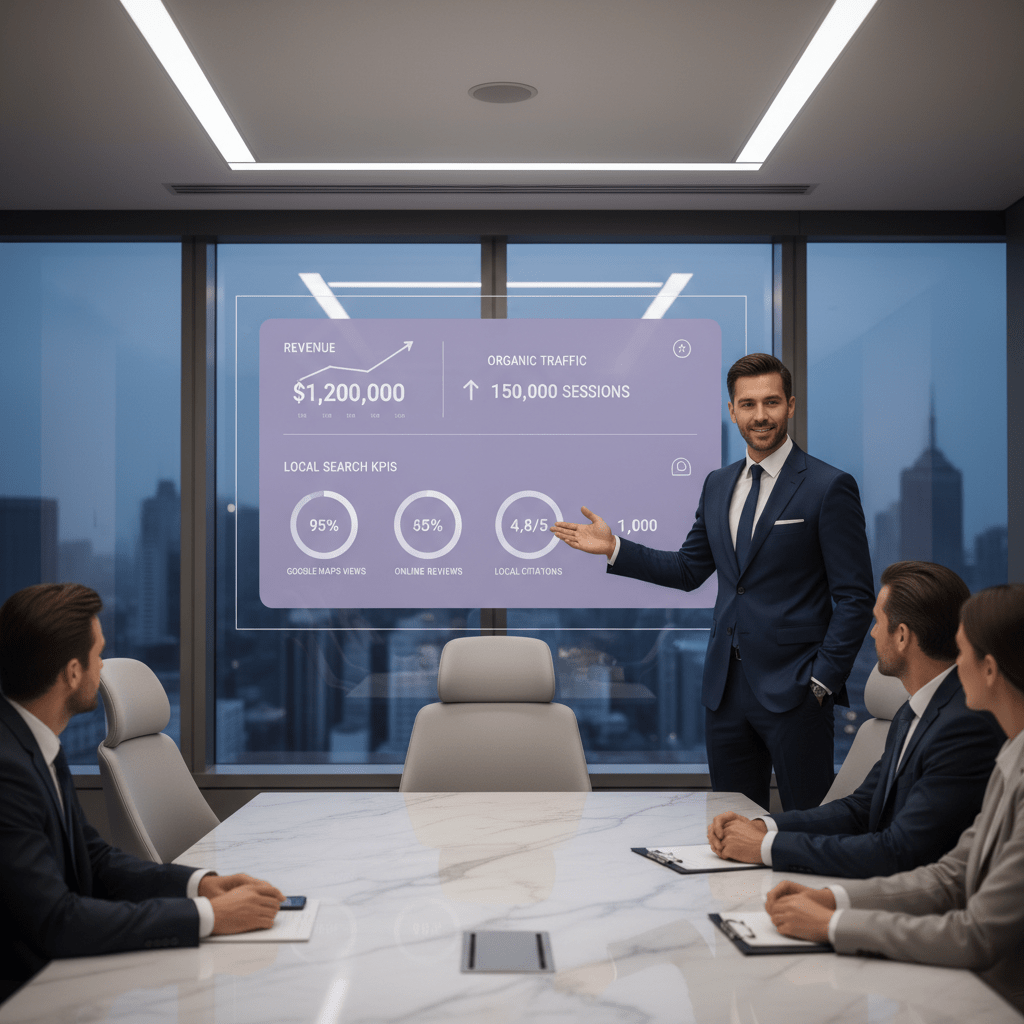 Hotelier presenting a one-page SEO dashboard in a meeting room