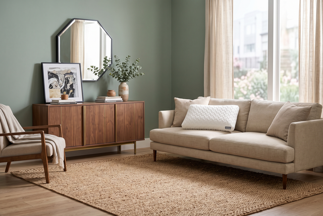 Warm and textured living room featuring jute rugs and brass accents