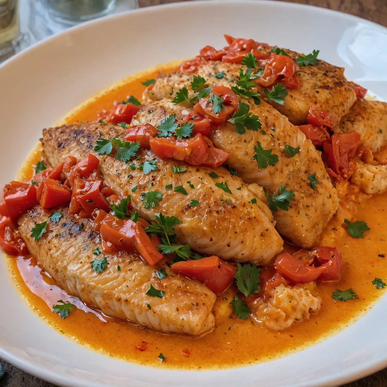 A beautifully plated dish of two tender tilapia fillets resting on a bed of creamy, bright red roasted pepper sauce. The sauce is glossy and rich, with visible chunks of charred red bell peppers and g