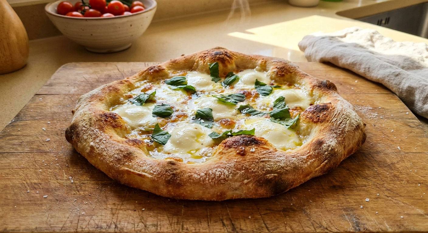 Domowa pizza na drewnianej desce.