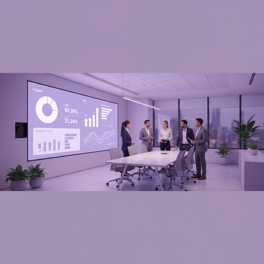 Hotel team reviewing KPIs and booking pace on a modern dashboard
