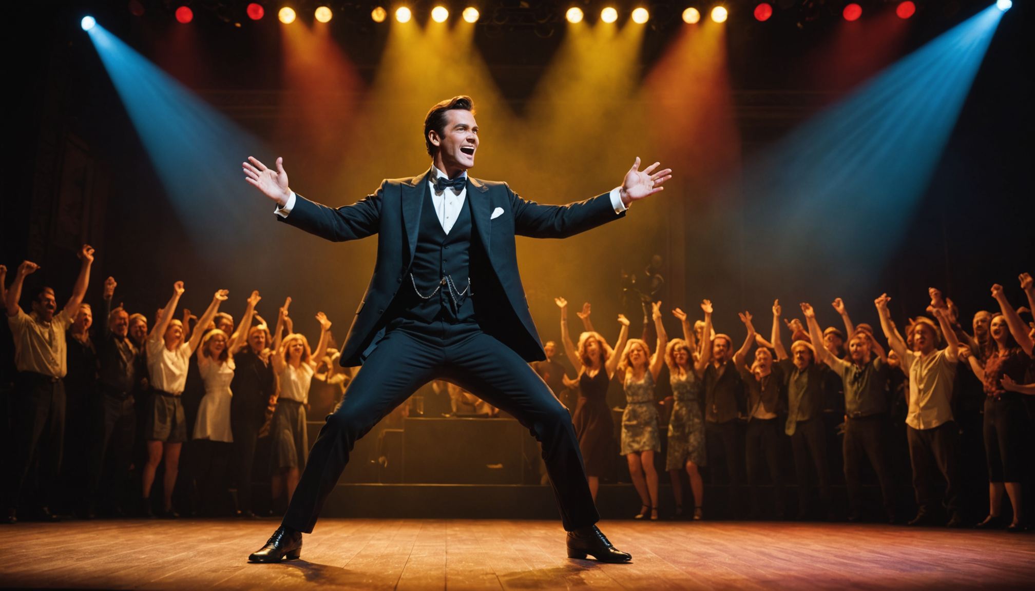 Dynamic performer on stage, vibrant theatrical lighting, artistic expression