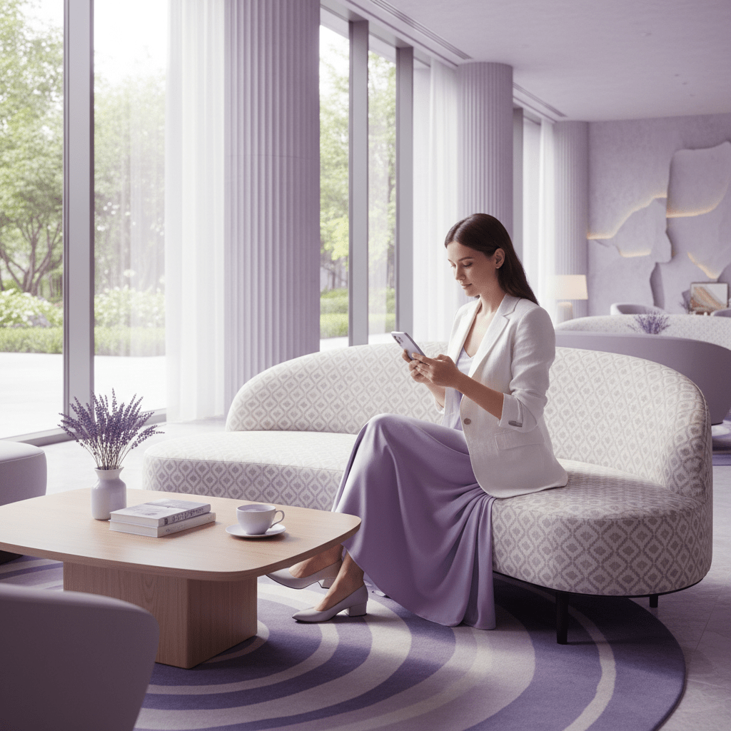 Hotel guest browsing social media in a modern lobby