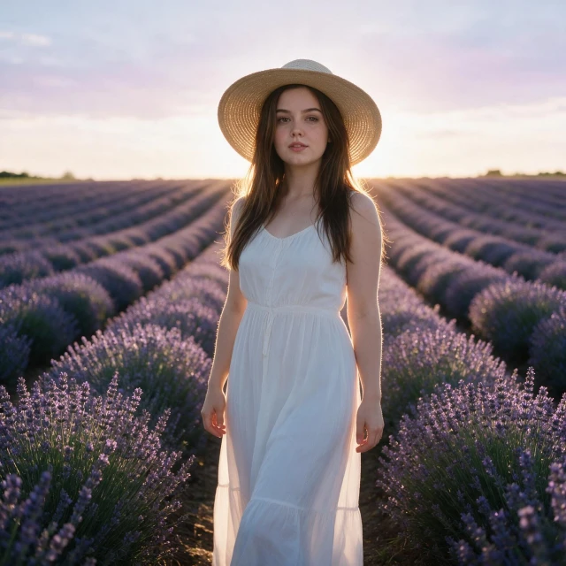 A girl with a white dress and straw hat standing in a lavender field, backlit by sunset glow, soft pastel sky, golden hour, serene landscape, neat rows, rural scenery, summer evening, warm tones, cinematic, natural light