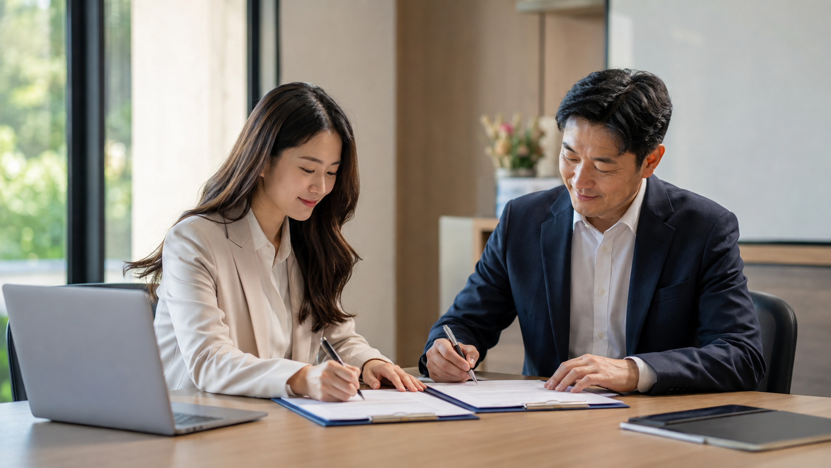 기간제 근로자와 회사 담당자가 정규직 전환 서류를 작성하는 모습