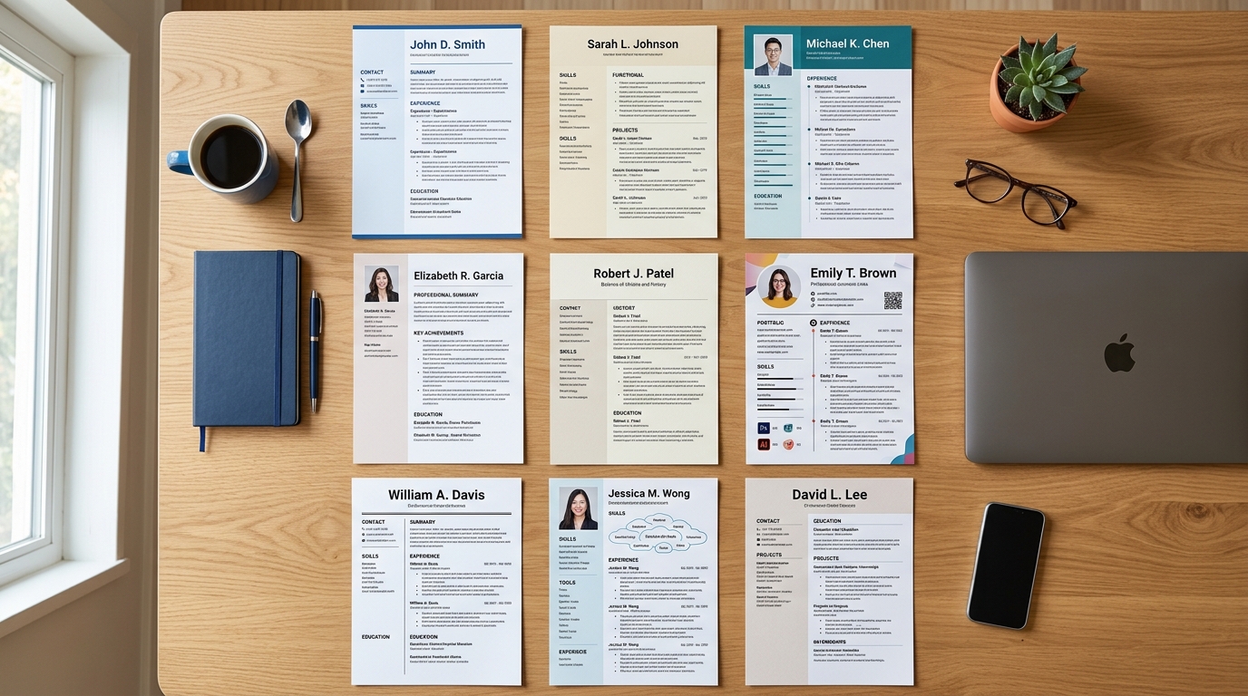 Comparación visual de los principales formatos de currículum sobre un escritorio