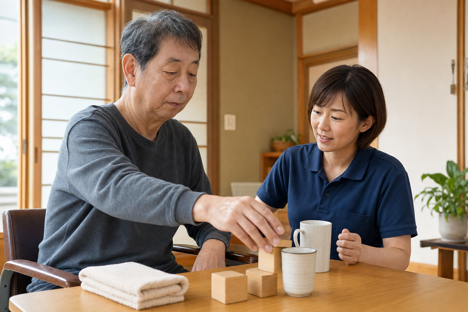 自宅で上肢の実用課題を反復練習する場面