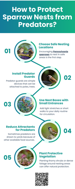 Protecting sparrow nests involves choosing safe nesting spots, using predator guards, limiting pet access, and planting dense vegetation for shelter. Clean feeding areas reduce predator attraction, while minimal human disturbance keeps nests safe. These simple steps can help ensure the survival of Pennsylvania sparrows and support healthy populations in both urban and rural environments. To know more visit here https://wildbirdguide.com/local-birds/american-tree-sparrow/
