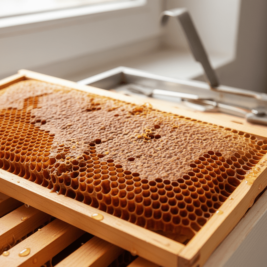 Close-up of honeycomb and beeswax cappings in a clean apiary setting