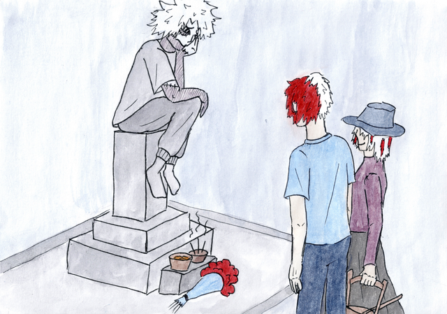 Touya, as a ghost sits on top of a japanese grave, he looks sad. at the foot of the grave a bowl with three sticks of burning insense stands, next to this is a bowl of soba. in front of these bowls lays a bouquet of red flowers. Shouto and Fuyumi stand in front of the grave, Shouto with hiss back turned to the camera, Fuyumi is visible from the side, she is holding a pail for water for cleaning the grave.