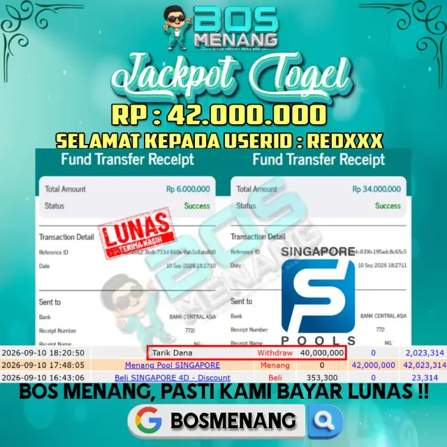 Bukti JACKPOT Tanggal 10 SEPTEMBER 2026 - MENANG TOGEL - SINGAPORE POOLS  Rp 42.000.000,-